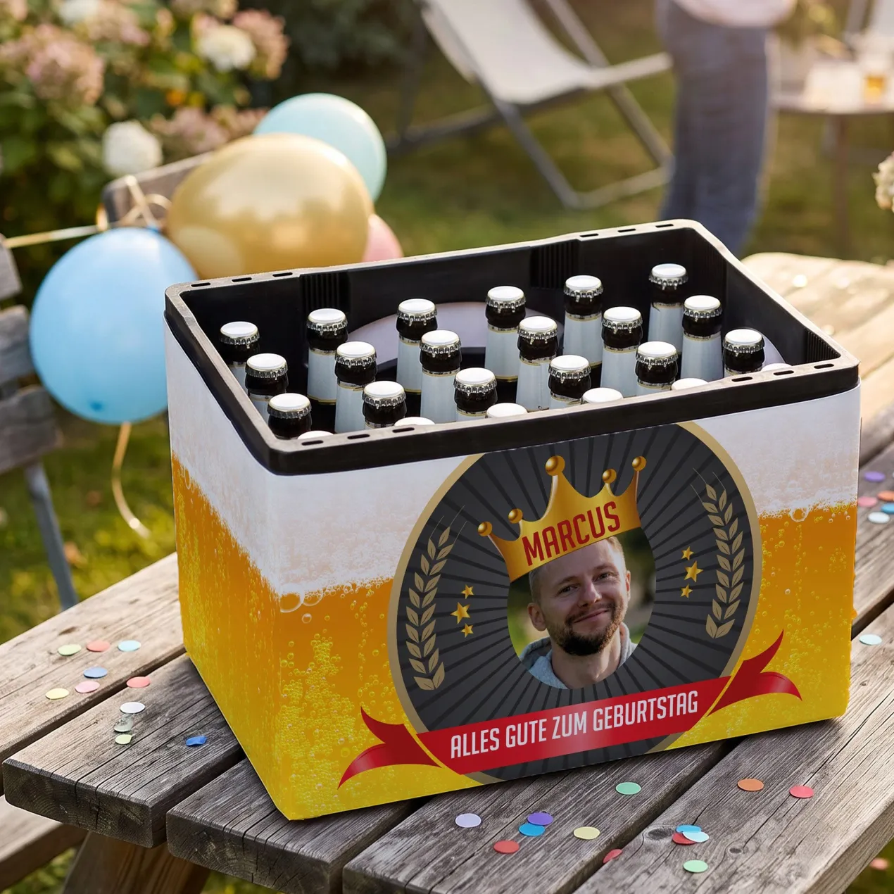 Bierkasten-Banderole zum Vatertag mit Foto, Name, Wunschtext & Aufklebern