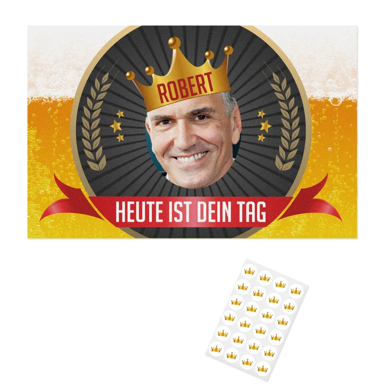 Bierkasten-Banderole zum Vatertag mit Foto, Name, Wunschtext & Aufklebern
