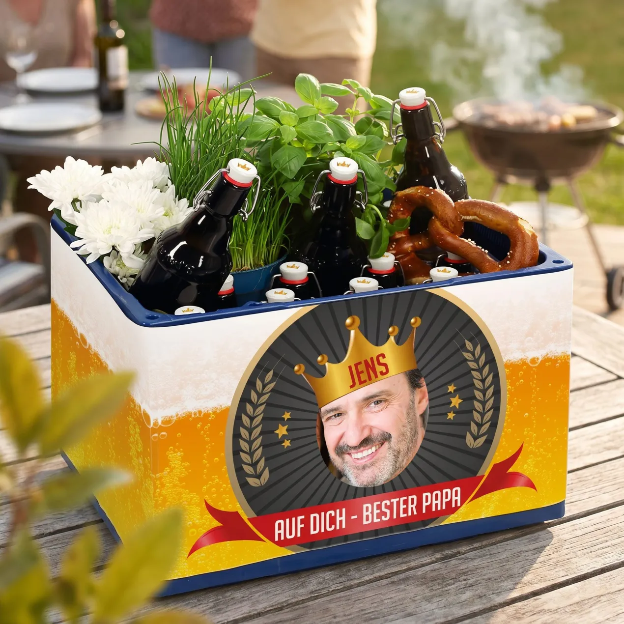 Bierkasten-Banderole zum Vatertag mit Foto, Name, Wunschtext & Aufklebern