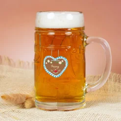 Bierkrug in Lederhosenoptik personalisiert mit Name und Lebkuchenherz Motiv | Bierglas 0,5l