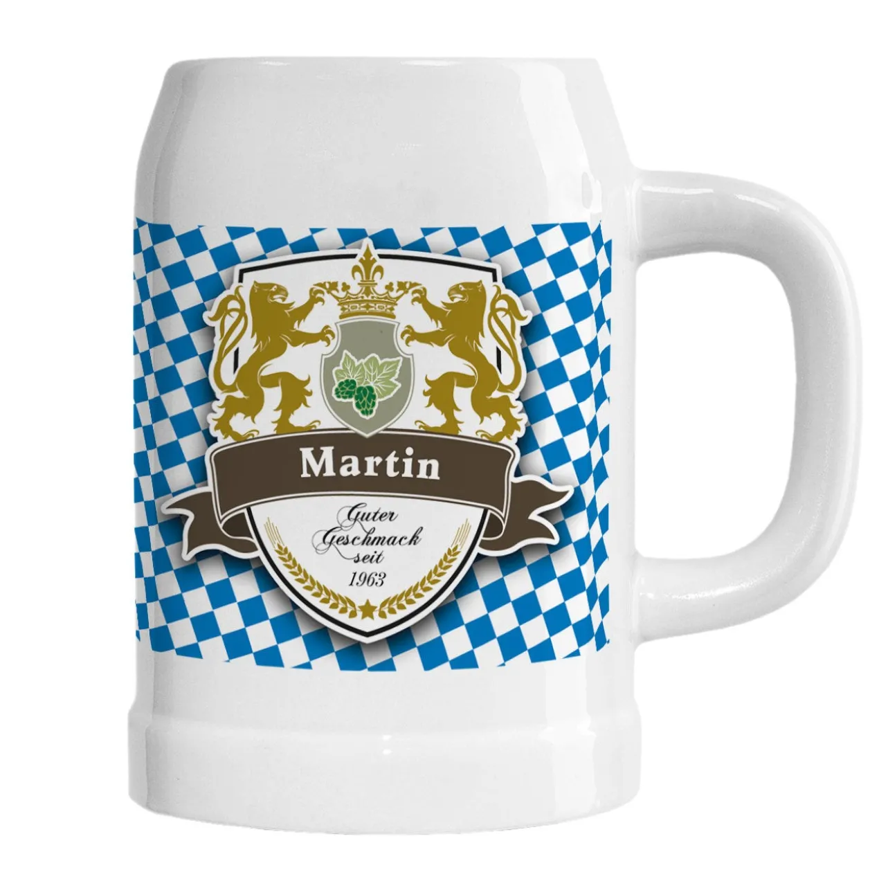 Bierkrug mit eigenem Namen im Löwen-Wappen