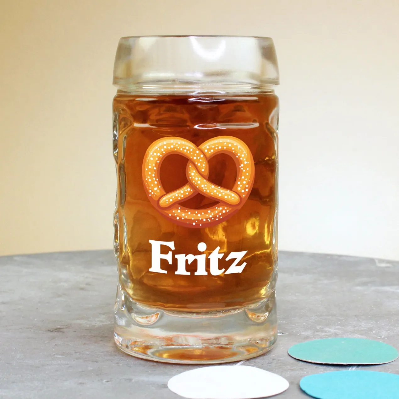 Bierseidel personalisiert mit Name und Brezel Motiv | Maßkrug 1l, Bierkrug 500ml & Schnapsglas