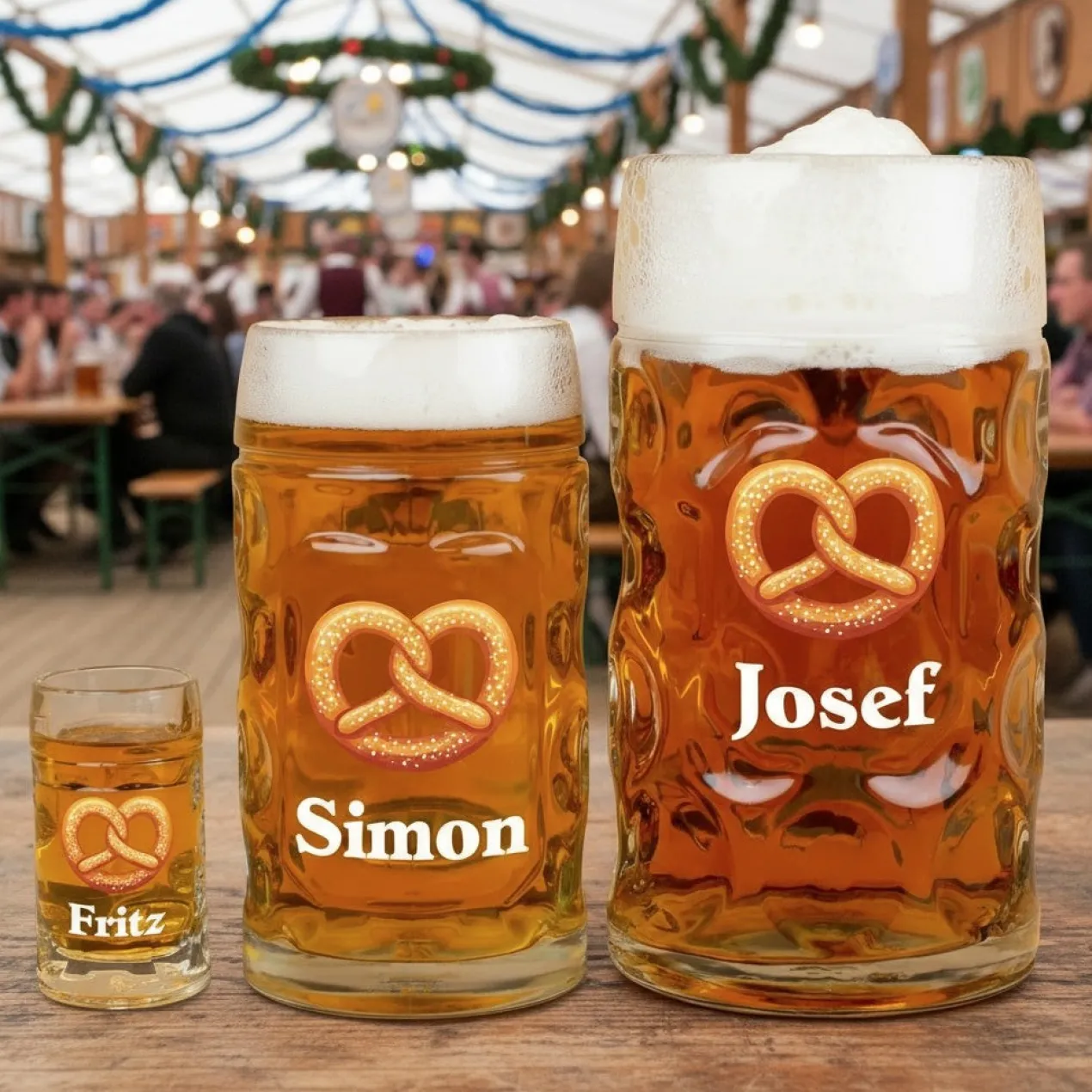 Bierseidel personalisiert mit Name und Brezel Motiv | Maßkrug 1l, Bierkrug 500ml & Schnapsglas