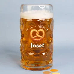 Bierseidel personalisiert mit Name und Brezel Motiv | Maßkrug 1l, Bierkrug 500ml & Schnapsglas