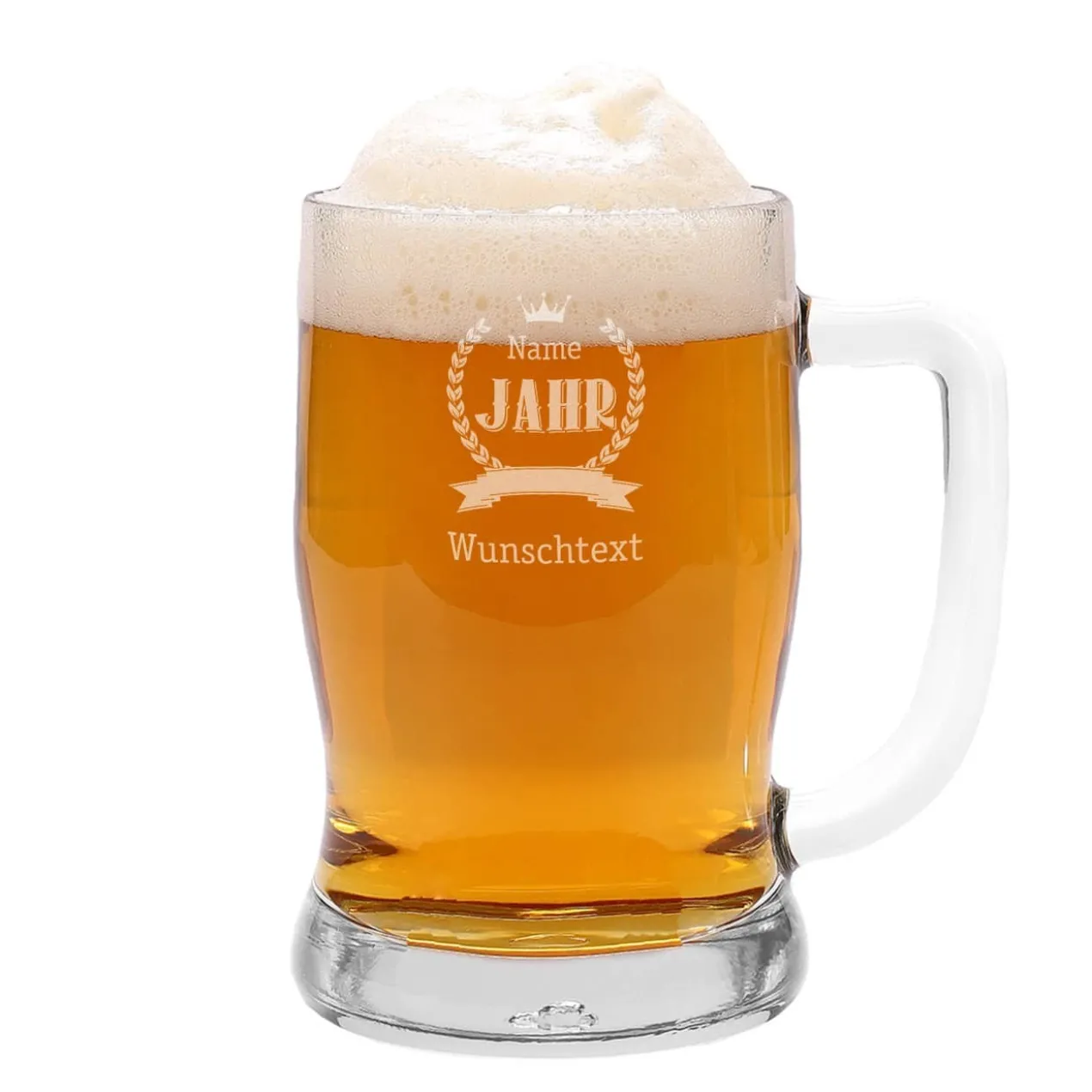 Bierseidel zum Geburtstag mit Name, Jahreszahl und Glückwunschtext