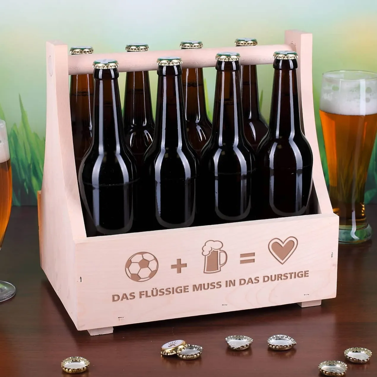 Bierträger aus Holz für Fußballfans mit Wunschtext graviert