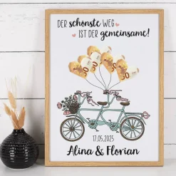 Bilderrahmen als Geldgeschenk zur Hochzeit mit Tandemmotiv