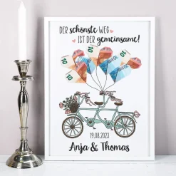 Bilderrahmen als Geldgeschenk zur Hochzeit mit Tandemmotiv