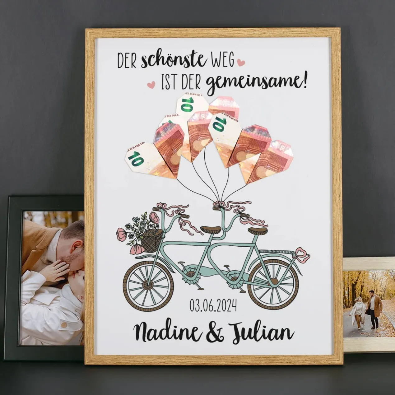 Bilderrahmen als Geldgeschenk zur Hochzeit mit Tandemmotiv