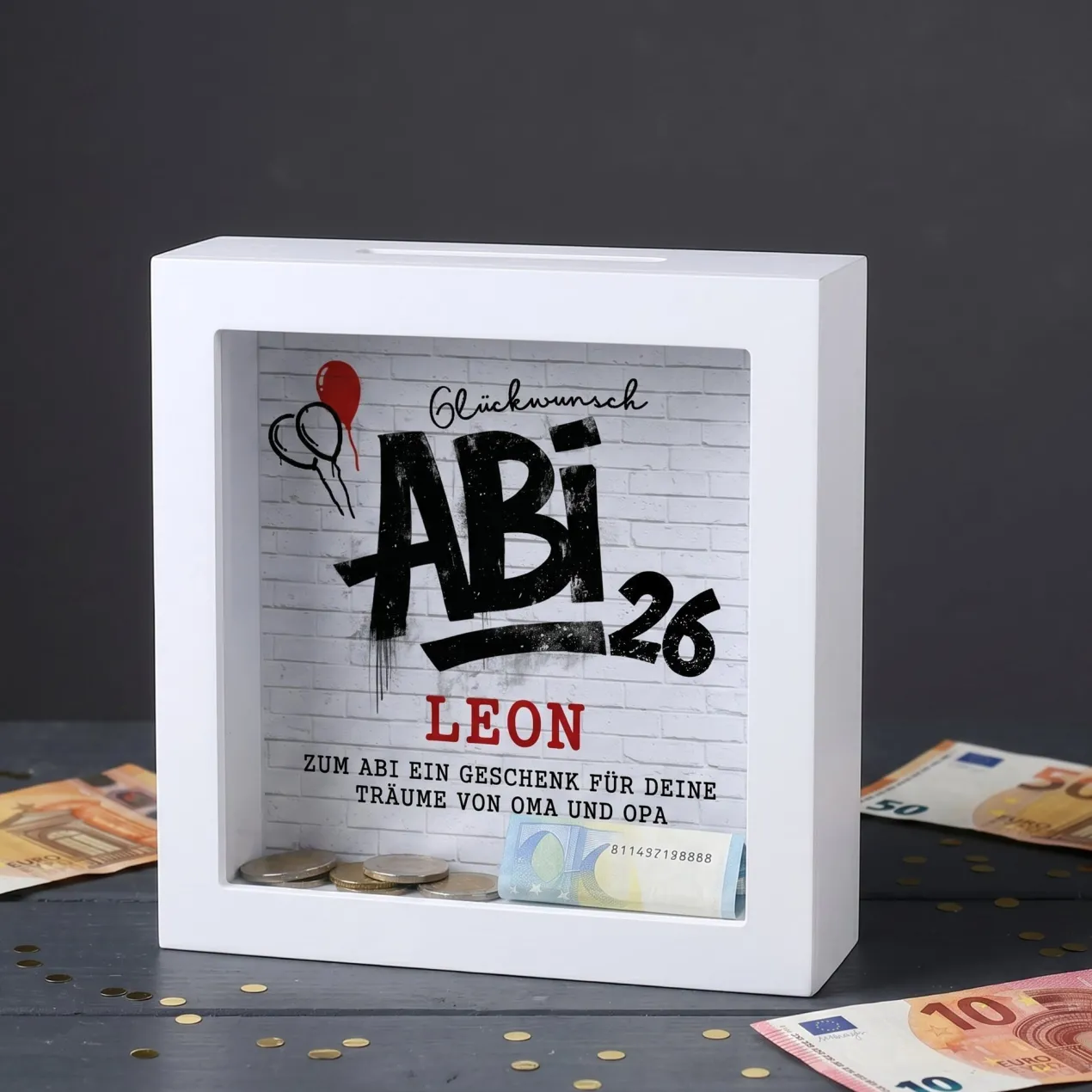 Bilderrahmen Spardose Abi 2026 | Personalisiertes Geldgeschenk zum Abitur & Schulabschluss `26 mit Name
