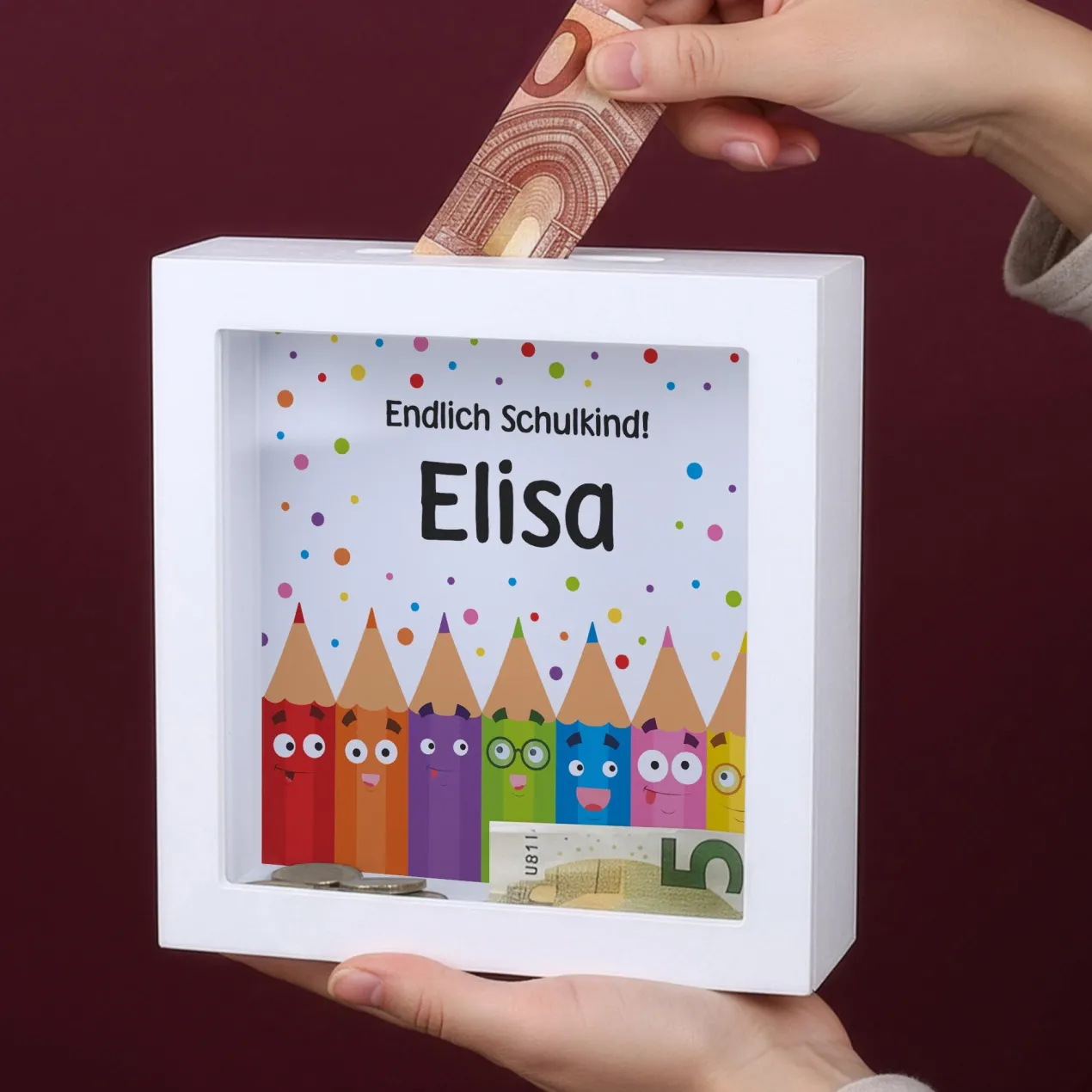 Bilderrahmen Spardose als Geschenk zur Einschulung personalisiert mit Name | Buntstifte
