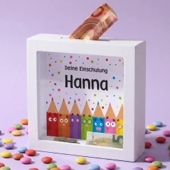 Bilderrahmen Spardose als Geschenk zur Einschulung personalisiert mit Name | Buntstifte
