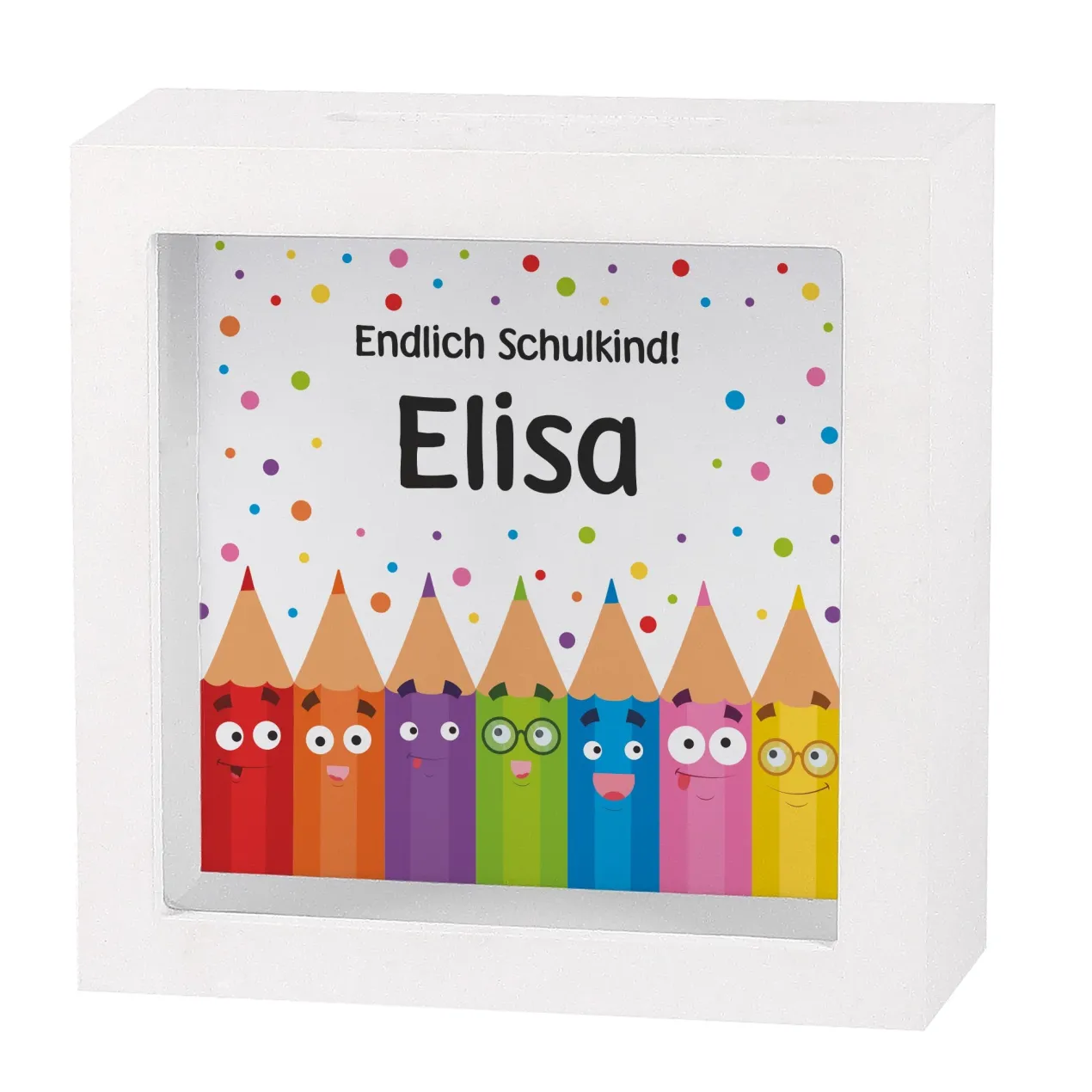 Bilderrahmen Spardose als Geschenk zur Einschulung personalisiert mit Name | Buntstifte