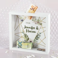 Bilderrahmen Spardose mit Blüten und Wunschtext