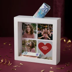 Bilderrahmen Spardose mit drei Fotos und Ihrem Wunschtext