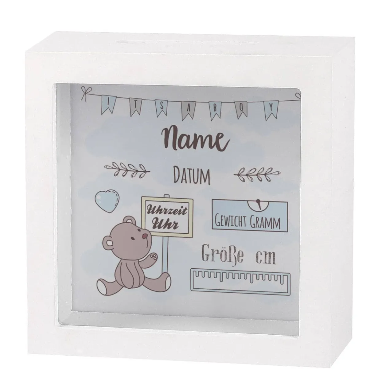 Bilderrahmenspardose mit Teddymotiv zur Geburt für Jungen