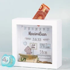 Bilderrahmenspardose mit Teddymotiv zur Geburt für Jungen