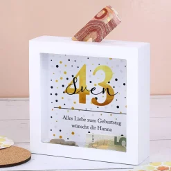 Bilderrahmen Spardose zum Geburtstag mit schwarz/goldenem Motiv