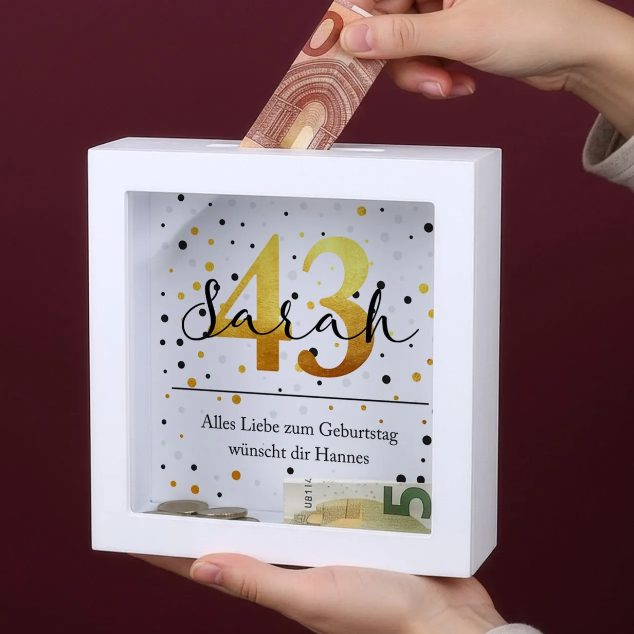 Bilderrahmen Spardose zum Geburtstag mit schwarz/goldenem Motiv