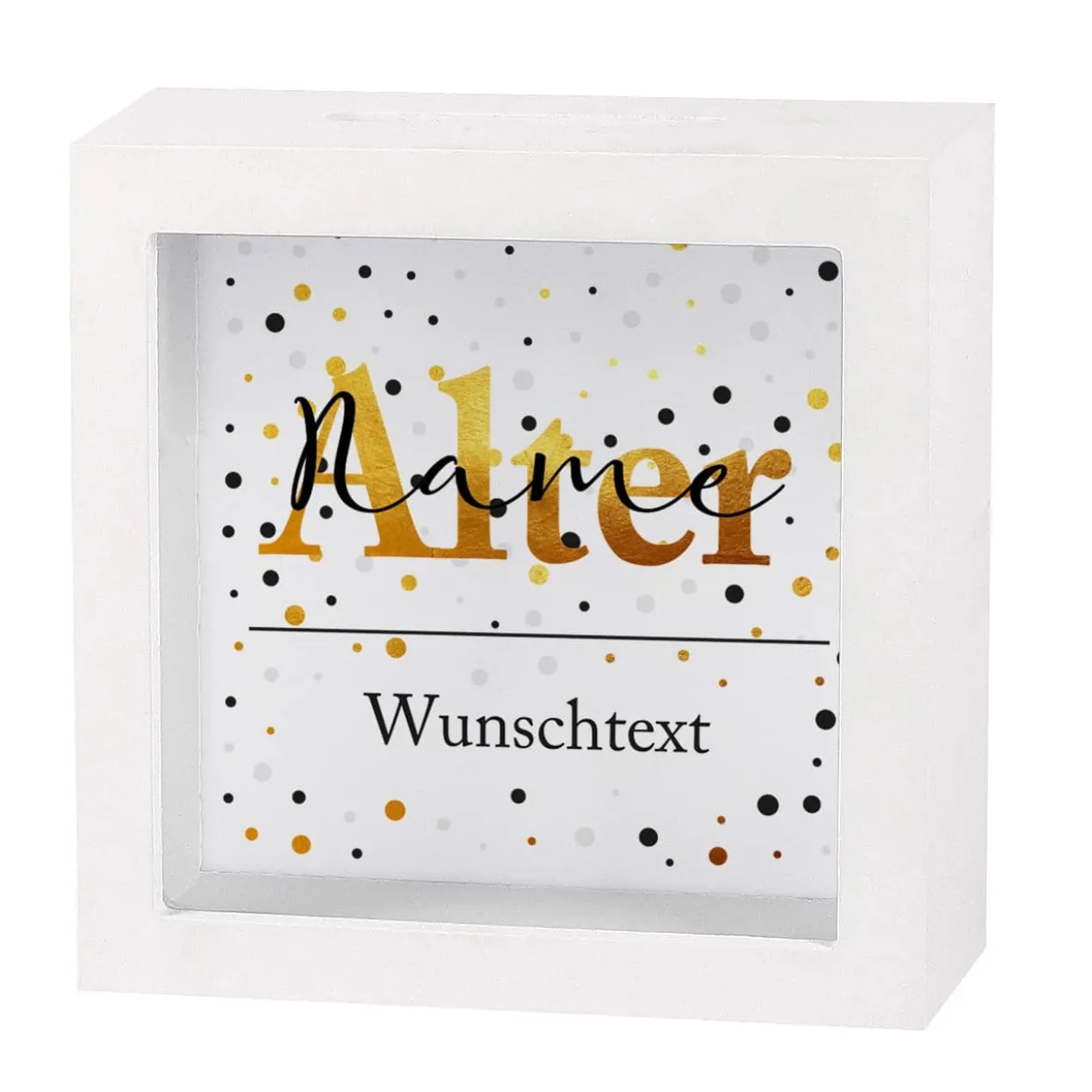 Bilderrahmen Spardose zum Geburtstag mit schwarz/goldenem Motiv