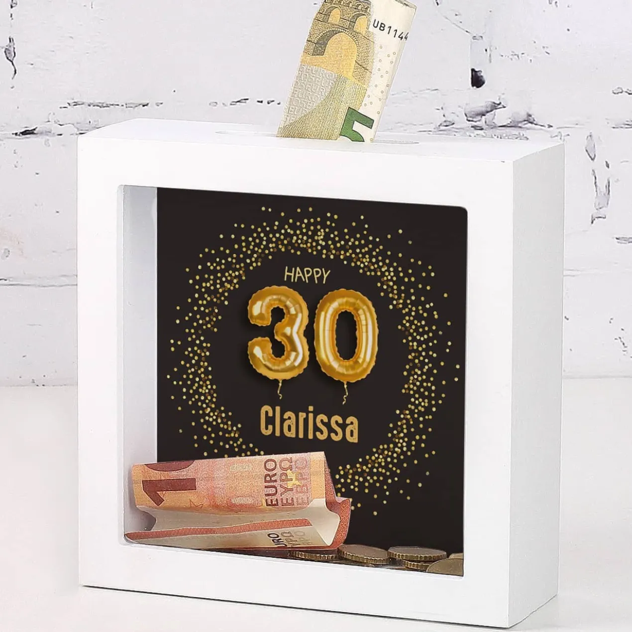 Bilderrahmen Spardose zum 30. Geburtstag mit Name, 15x15cm
