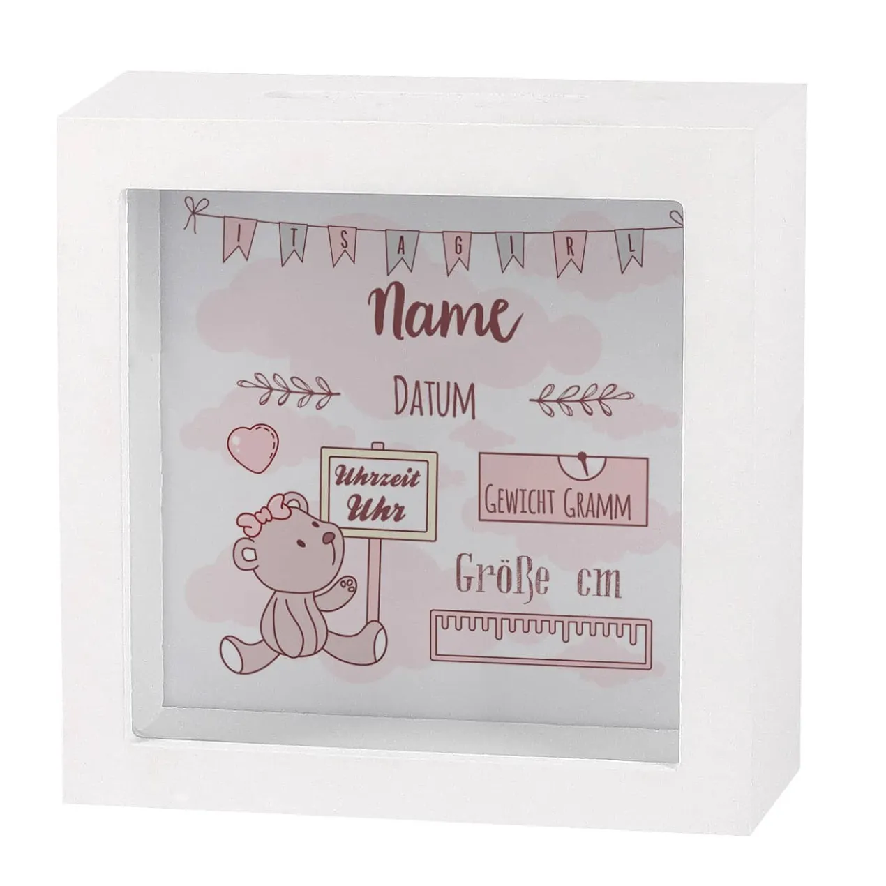 Bilderrahmenspardose zur Geburt mit Teddymotiv für Mädchen