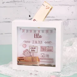 Bilderrahmenspardose zur Geburt mit Teddymotiv für Mädchen