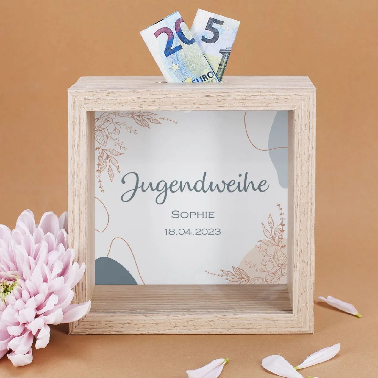 Bilderrahmenspardose zur Jugendweihe mit Wunschname und Datum