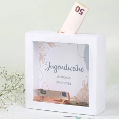 Bilderrahmenspardose zur Jugendweihe mit Wunschname und Datum