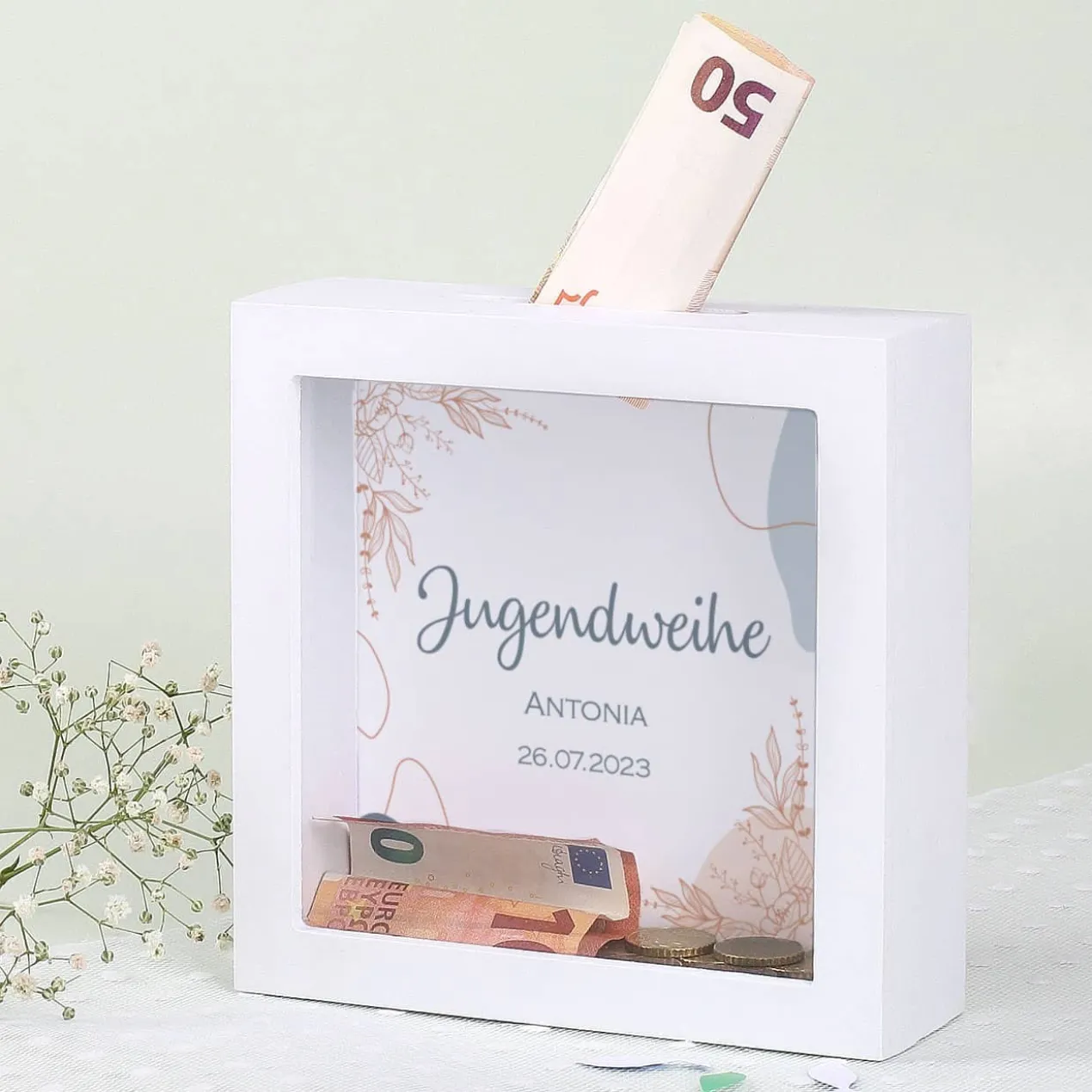 Bilderrahmenspardose zur Jugendweihe mit Wunschname und Datum