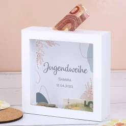 Bilderrahmenspardose zur Jugendweihe mit Wunschname und Datum