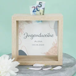 Bilderrahmenspardose zur Jugendweihe mit Wunschname und Datum