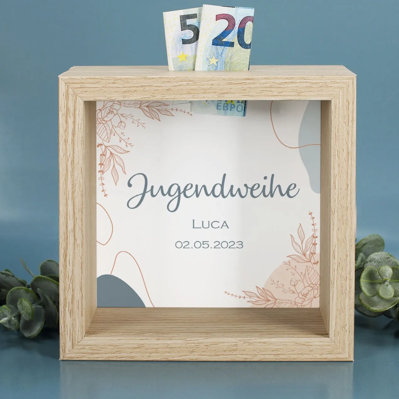 Bilderrahmenspardose zur Jugendweihe mit Wunschname und Datum