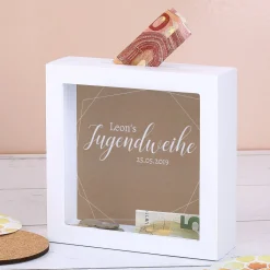 Bilderrahmen Spardose zur Jugendweihe mit Name und Datum