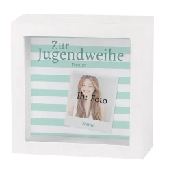 Bilderrahmen-Spardose zur Jugendweihe mit Foto, Name und Datum der Feier