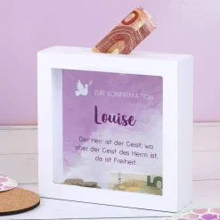 Bilderrahmen Spardose zur Konfirmation mit Name und Wunschtext in violett