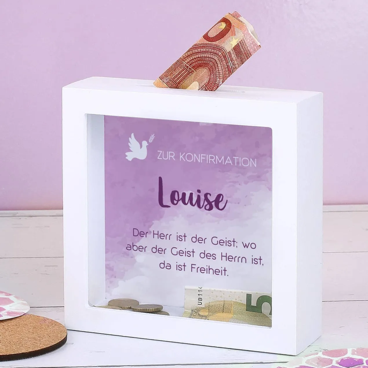 Bilderrahmen Spardose zur Konfirmation mit Name und Wunschtext in violett