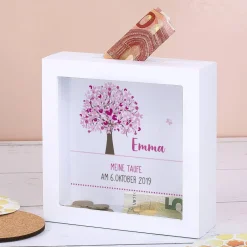 Bilderrahmen Spardose zur Taufe, Kommunion oder Konfirmation mit Lebensbaum in rosa