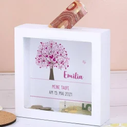 Bilderrahmen Spardose zur Taufe, Kommunion oder Konfirmation mit Lebensbaum in rosa