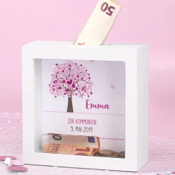 Bilderrahmen Spardose zur Taufe, Kommunion oder Konfirmation mit Lebensbaum in rosa