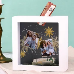 Bilderrahmenspardose zu Weihnachten mit zwei Fotos