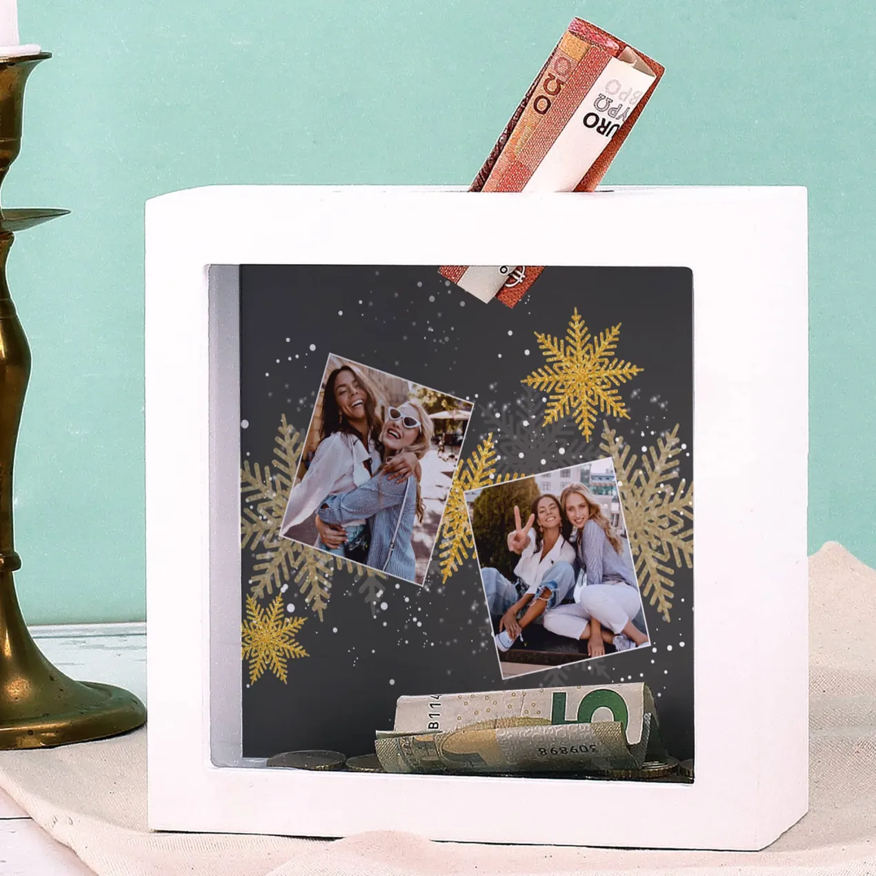 Bilderrahmenspardose zu Weihnachten mit zwei Fotos