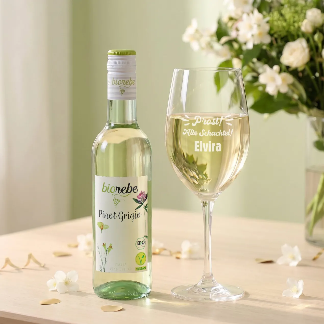 Biorebe Bio Wein Geschenkset zum Geburtstag Alte Schachtel mit Weinglas & Jutetasche personalisiert
