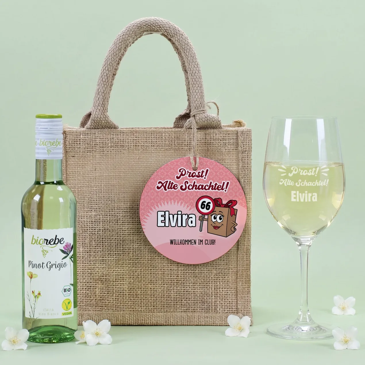 Biorebe Bio Wein Geschenkset zum Geburtstag Alte Schachtel mit Weinglas & Jutetasche personalisiert