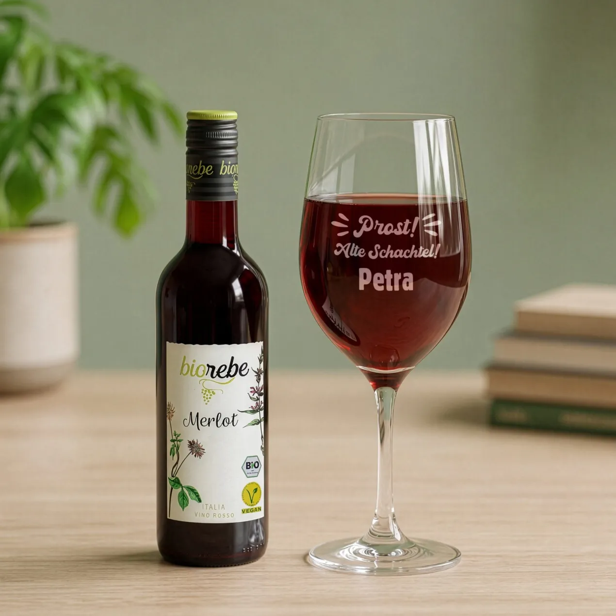Biorebe Bio Wein Geschenkset zum Geburtstag Alte Schachtel mit Weinglas & Jutetasche personalisiert