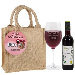 Biorebe Bio Wein Geschenkset zum Geburtstag Alte Schachtel mit Weinglas & Jutetasche personalisiert