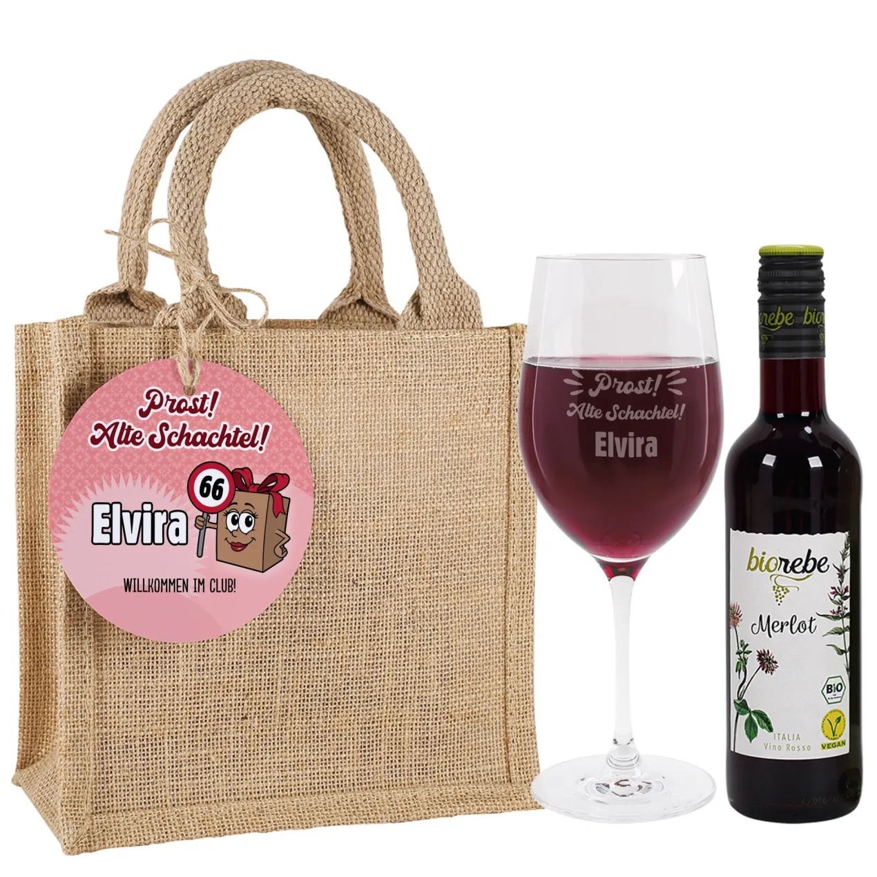 Biorebe Bio Wein Geschenkset zum Geburtstag Alte Schachtel mit Weinglas & Jutetasche personalisiert