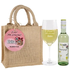 Biorebe Bio Wein Geschenkset zum Geburtstag Alte Schachtel mit Weinglas & Jutetasche personalisiert