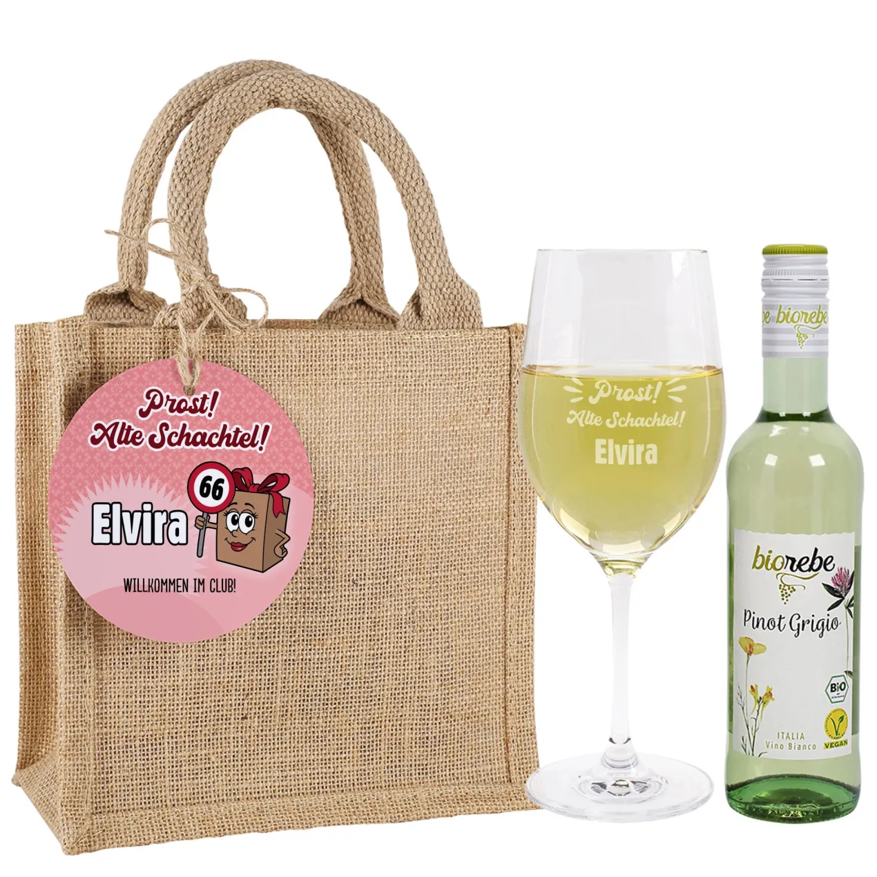 Biorebe Bio Wein Geschenkset zum Geburtstag Alte Schachtel mit Weinglas & Jutetasche personalisiert