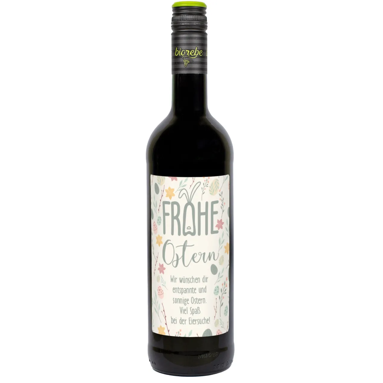 Biorebe Wein "Frohe Ostern" mit Wunschtext und pastellfarbenen Ostermotiven